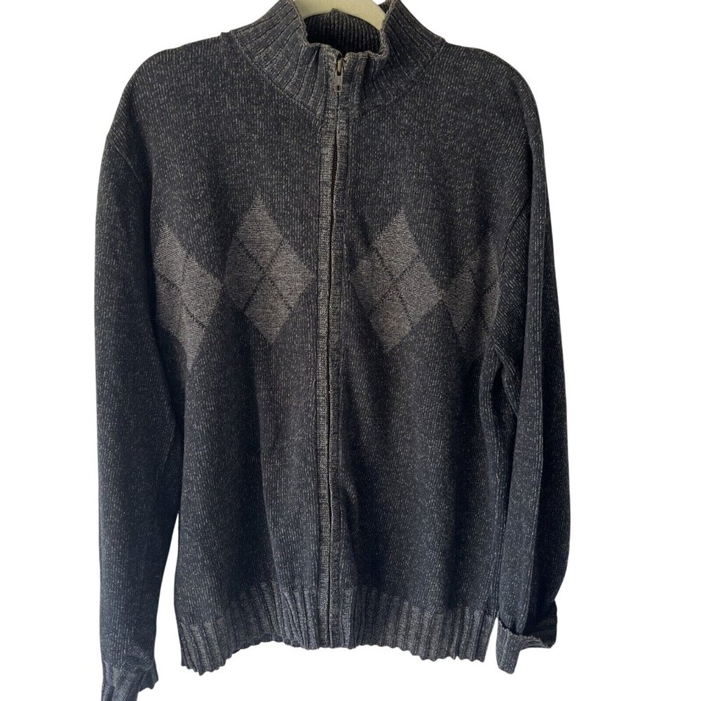 Bill Blass Full Zip Formal Gray Sweater Diamond Pattern Men Size XL